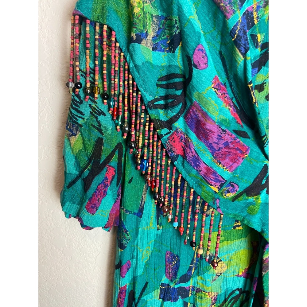 Vintage Carol Little Womens Peasant Style Dress Printed Green Size 4 Beaded - Picture 3 of 11
